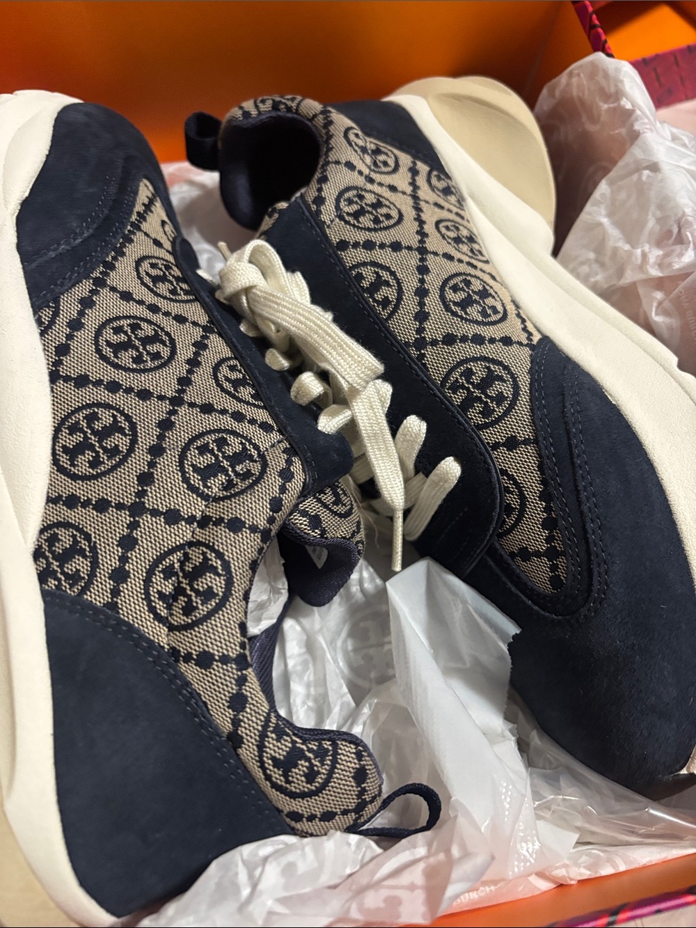 Tory Burch Navy and Beige Logo Knit Sneakers